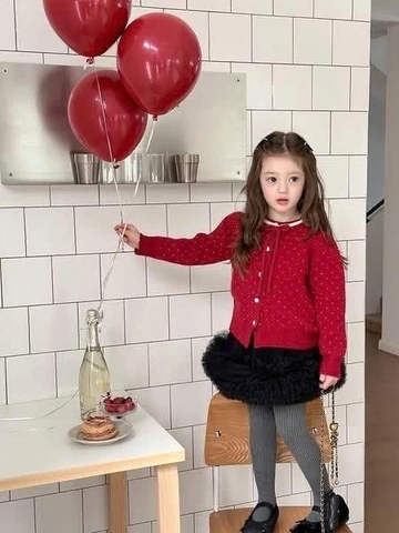 Áo cardigan len chấm bi đỏ AMBB thắt nơ
