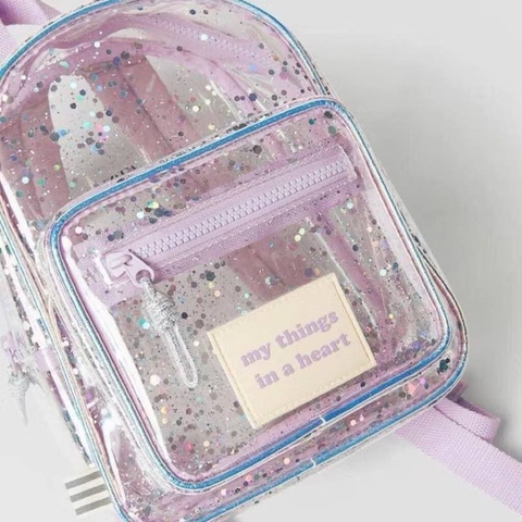 Balo Zara tím size 26x22cm trong suốt chữ My things in a heart