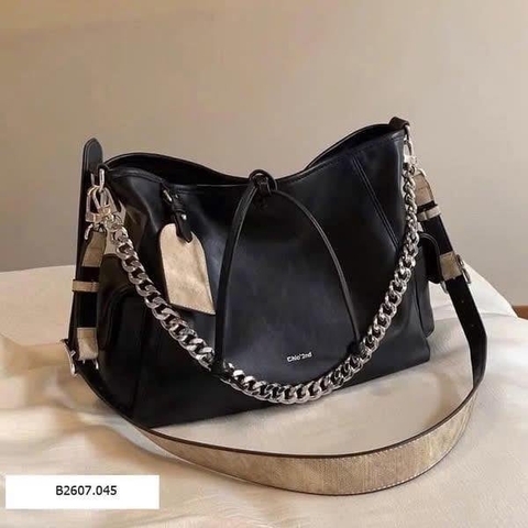 Túi xách bản to 28x11x23cm phối dây xích Chio'2nd màu đen