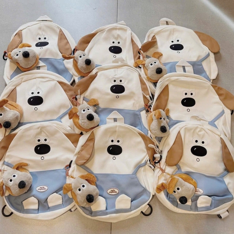 Balo chú chó tai nâu yếm xanh 25x30cm kèm móc khoá