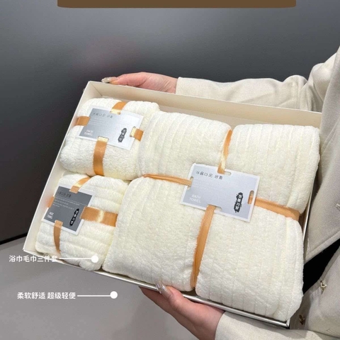 Set 3 khăn tắm màu be kèm hộp size 140x70cm và 45x75cm
