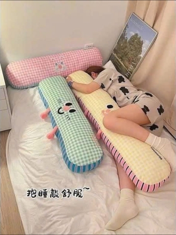Gối ôm dài 90cm vải kẻ 4 màu hồng, vàng, xanh lá, xanh dương