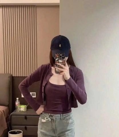 Set áo hai dây + cardigan dài tay màu tím