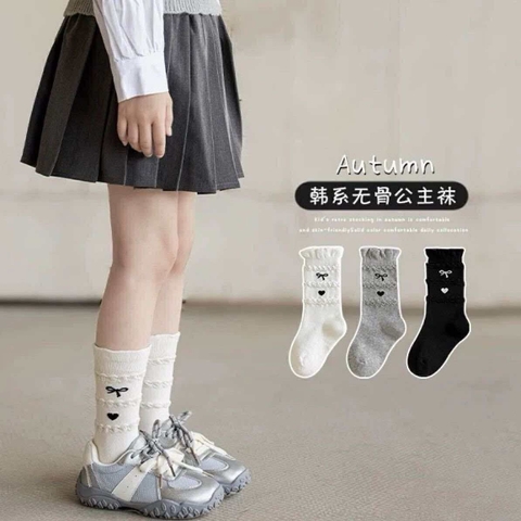 Set 3 đôi tất nơ cổ cao màu trắng, xám, đen