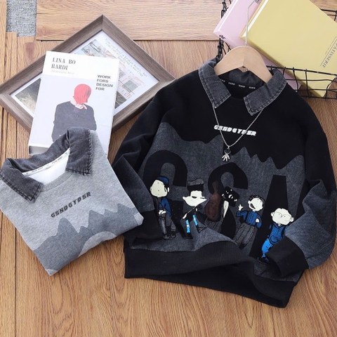 Áo nỉ đính cổ sơ mi hoạ tiết people bé trai 2 màu xám, đen