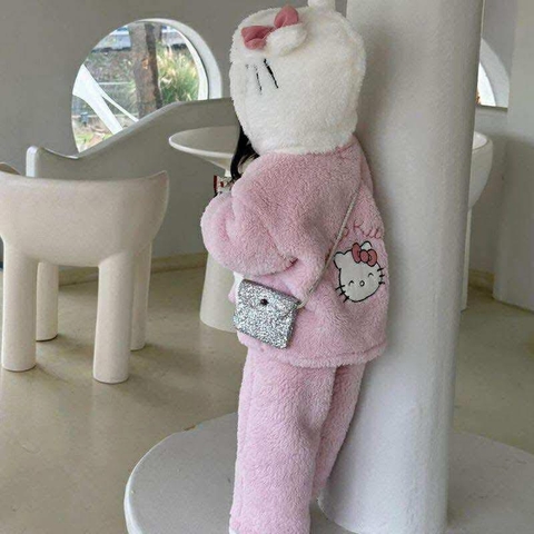 Bộ ngủ bông có mũ Hello kitty màu hồng