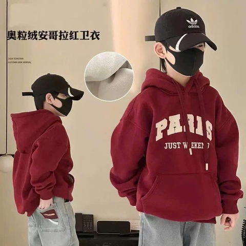 Áo nỉ hoodie lót lông PARIS màu đỏ đô