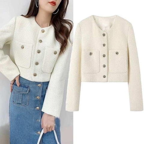 Áo khoác dạ tweed MO&Co màu trắng khuy vàng