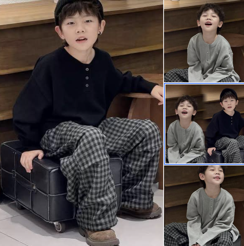 Áo dài tay basic cổ henley 2 màu đen, ghi