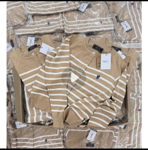 Áo len cardigan Who.Au màu be nâu kẻ ngang dài tay cổ tròn