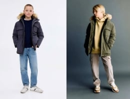 Áo phao parka MNG có mũ lông 2 màu rêu, navy