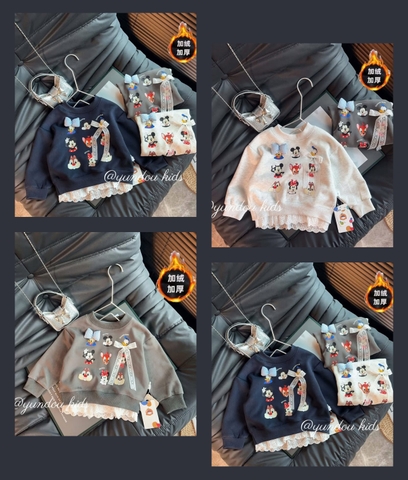 Áo nỉ lót lông phối ren họa tiết Disney 3 màu trắng tiêu, navy, xám