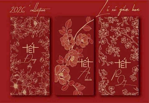 Set 60 phong bao lì xì gấm hoa đỏ