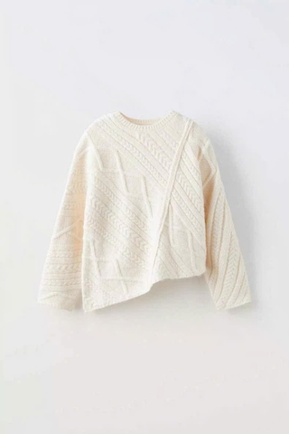 Áo len dài tay Zara trắng kem vạt chéo