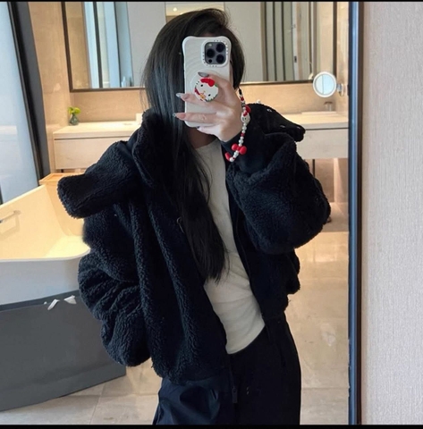 Áo khoác lông alo có mũ màu đen