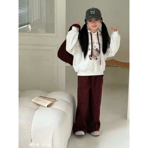 Set 3 món Hello Kitty áo nỉ ghi, quần chấm bi nơ đỏ và túi