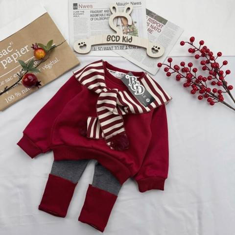 Bộ nỉ lót bông đỏ quần legging xám kèm khăn