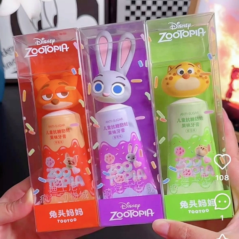Kem đánh răng 3 màu Zootopia thỏ tím, cáo cam, báo xanh lá