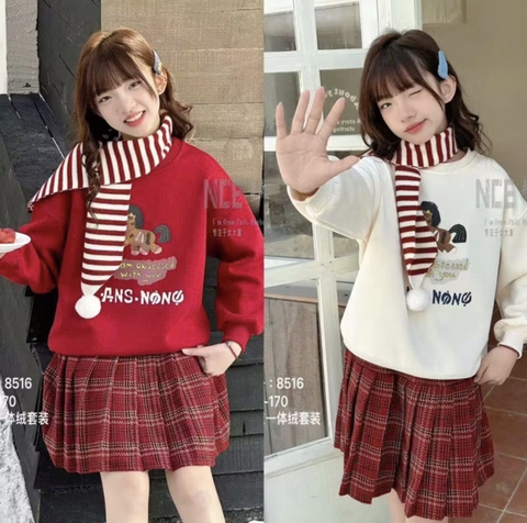 Bộ nỉ ngựa ANS hai màu đỏ, trắng chân váy caro kèm khăn choàng