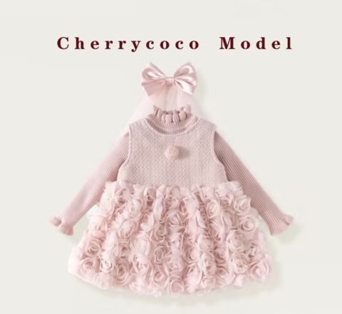 Set 2 món HOA HỒNG váy tiểu thư Cherry Coco kèm voan đầu