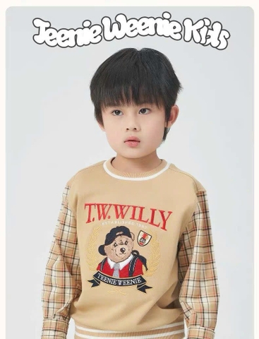 Áo nỉ Teenie Weenie thêu gấu màu nâu tay phối caro