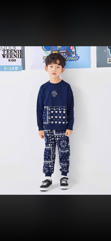 Áo nỉ và quần Teenie Weenie xanh than họa tiết gấu bé trai