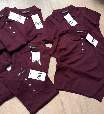 Áo len dệt polo cộc tay Zara đỏ đô Burgundy