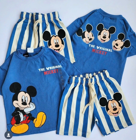 Bộ cộc tay cotton Mickey xanh quần sooc kẻ sọc kèm mũ