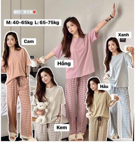 Bộ cộc tay MOTIE áo trơn quần caro dài 5 màu cam, hồng, xanh, kem, be nâu