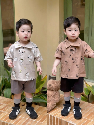 Set 2 bộ cộc tay polo cotton Snoopy tone ghi nâu bé trai