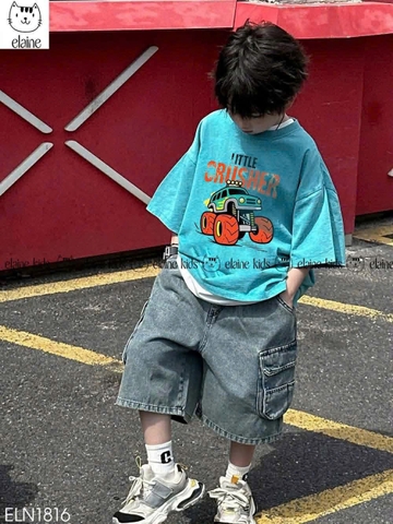 Bộ bé trai cộc tay áo xanh oto Little Crusher ELAINE quần sooc jean