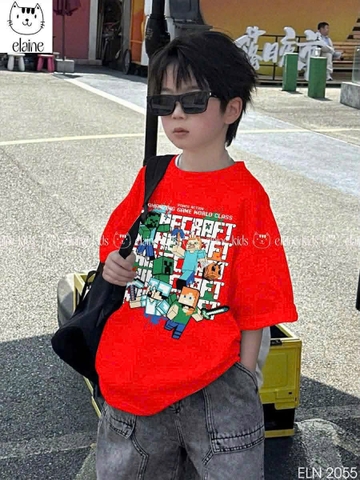 Bộ bé trai cộc tay áo đỏ MineCraft ELAINE quần sooc jean