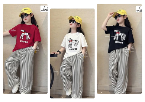 Bộ cộc tay SIZE LỚN Campee Linh An quần kẻ dài bé gái 3 màu