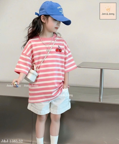 Bộ đồ áo kẻ ngang hồng quần sooc trắng bé gái