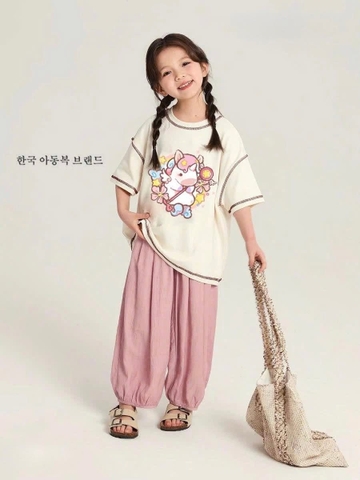 Bộ cotton Cho Hee ngựa unicorn chibi áo be quần bo gấu màu hồng