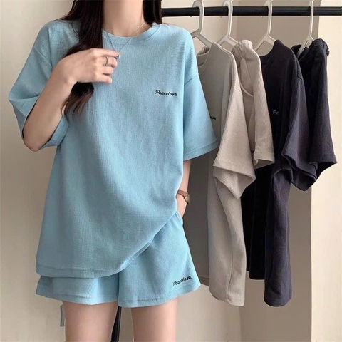 Bộ cộc tay tổ ong Peace Love 3 màu xanh, be, đen cho nữ