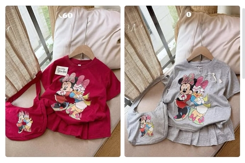 Bộ cộc tay chân váy Minnie Daisy kèm túi 2 màu đỏ và ghi