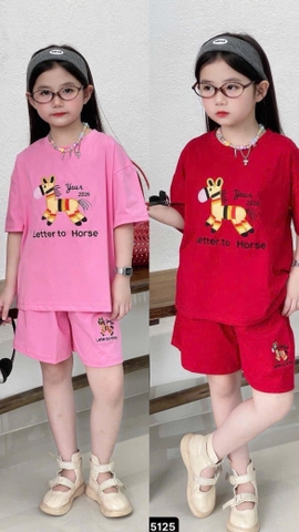 Bộ cộc tay Kunkun Kids thêu ngựa Your 2026 2 màu đỏ, hồng bé gái