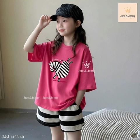 Bộ cộc tay Jam&Jenny Ngựa vằn áo hồng sen quần sooc kẻ bé gái