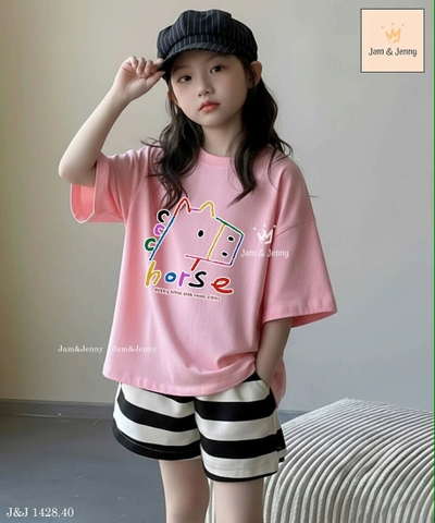 Bộ cộc tay Jam&Jenny Ngựa Happy Horse áo hồng phấn quần sooc kẻ