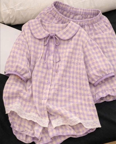 Bộ ngủ cộc tay tím caro cổ sen mix hoa nhí