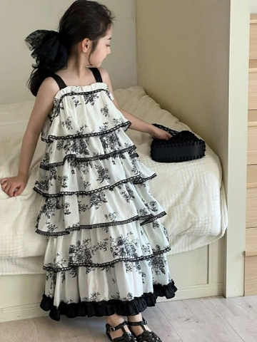 Váy maxi cao cấp 2 dây nhiều tầng họa tiết hoa đen trắng