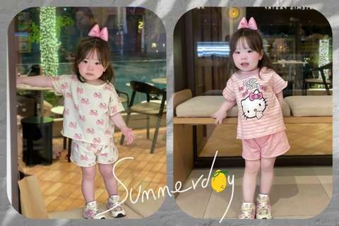 Set 2 bộ cotton cộc tay Kitty nơ màu hồng, be cho bé gái