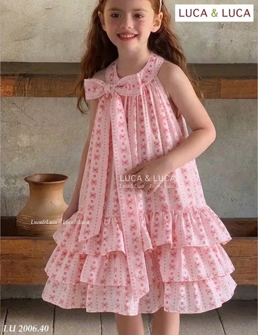 Váy cổ yếm nơ hồng Luca&Luca dáng xòe 3 tầng