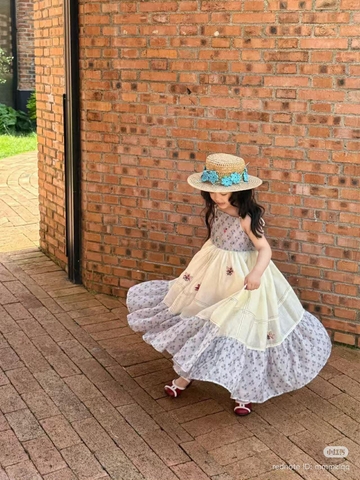 Váy maxi nơ lưng Bora Kids thêu hoa màu xanh phối trắng cao cấp