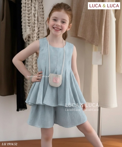 Bộ sát nách LUCA&LUCA xếp ly màu xanh bé gái