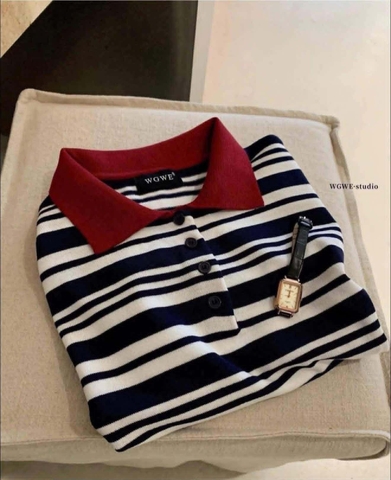 Áo polo kẻ ngang navy trắng phối cổ đỏ hãng WG.WE