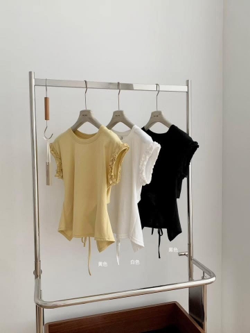 Áo cotton tay phối bèo buộc dây lưng 3 màu WG.WE