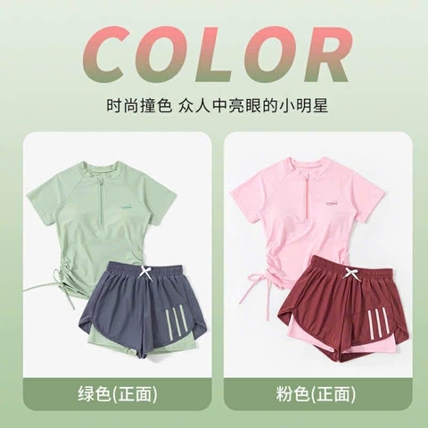 Bộ bơi Created YLike cộc tay màu xanh quần sooc 2 lớp bé gái