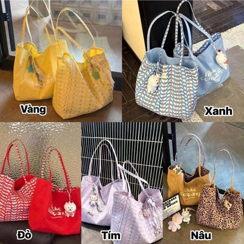 Túi vải đeo vai 2 mặt 5 màu nâu, tím, vàng, xanh, đỏ